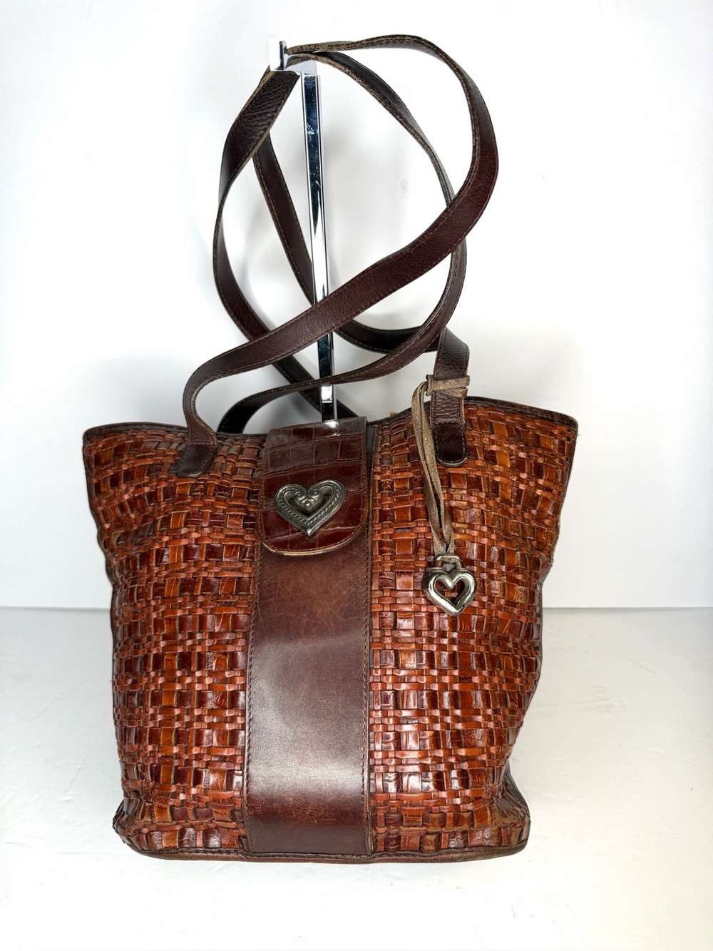 Brighton Brown Leather Woven Tote Bag with Heart Accent